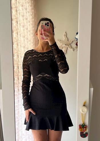 Uzun Kollu Siyah Dantel Mini Elbise - Görsel 5