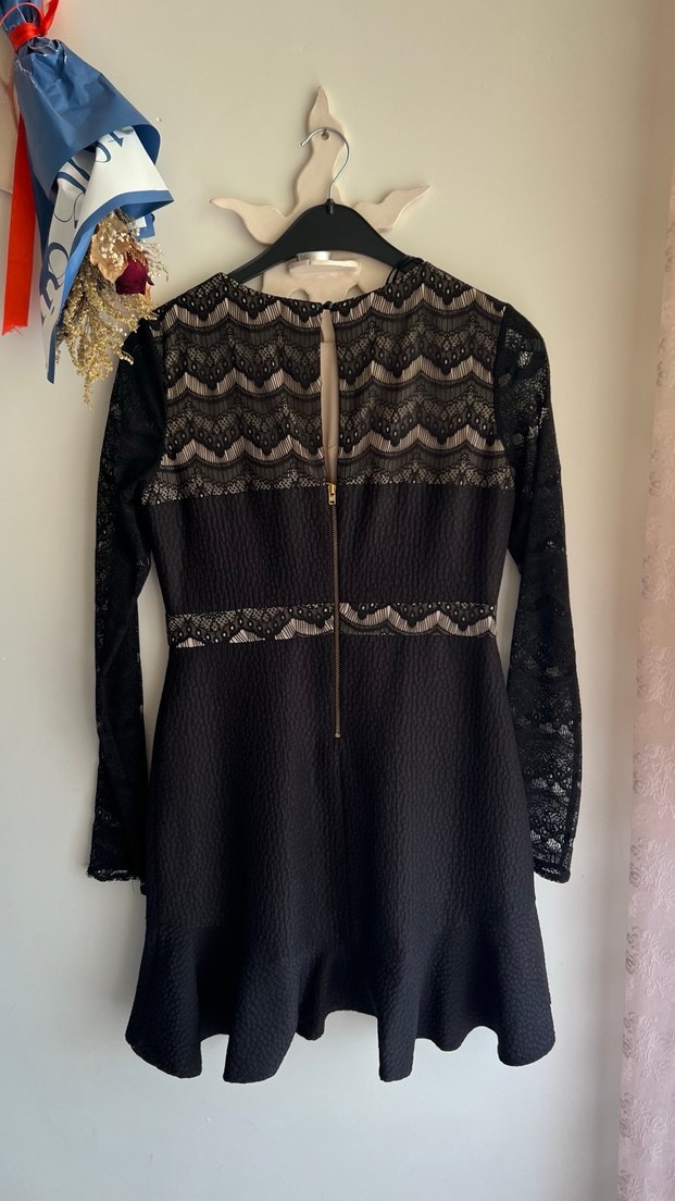 Uzun Kollu Siyah Dantel Mini Elbise - Görsel 2