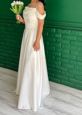 Modern Klasik Straplez Uzun Beyaz Nişanlık Nikahlık - Görsel 2