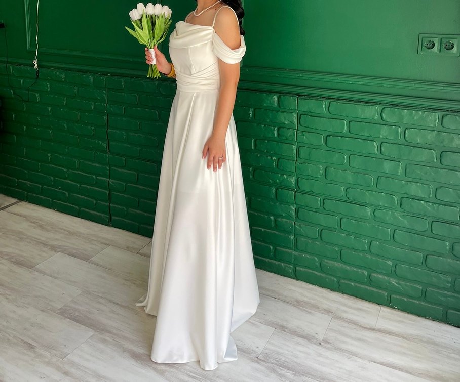 Modern Klasik Straplez Uzun Beyaz Nişanlık Nikahlık - Görsel 2