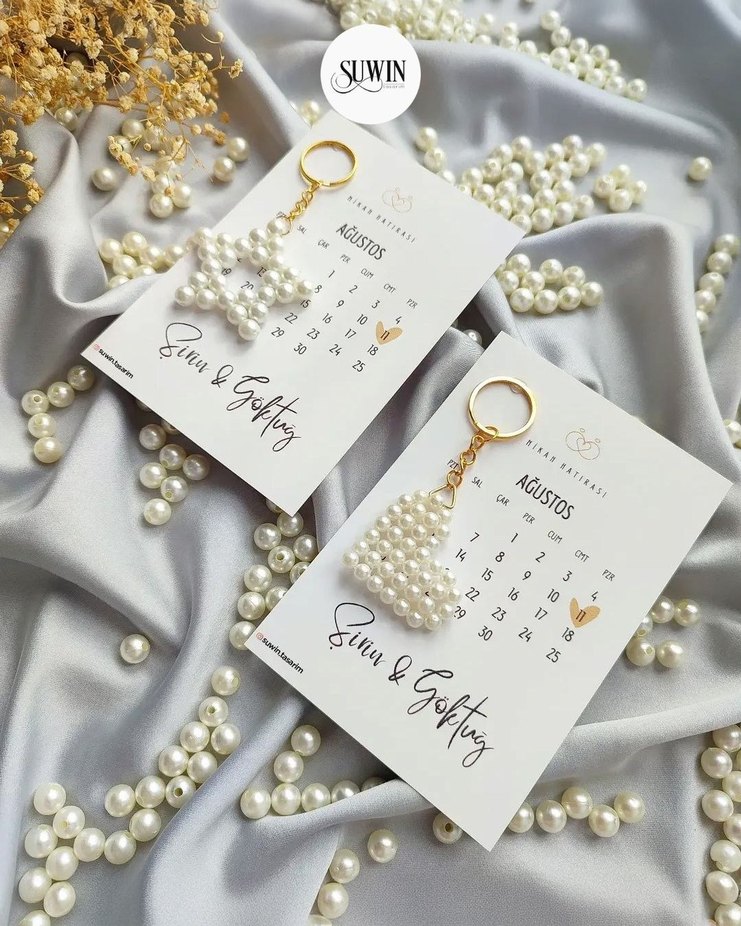 Nikah hediyesi Boncuklu Beyaz Bohem Anahtarlık - Görsel 2