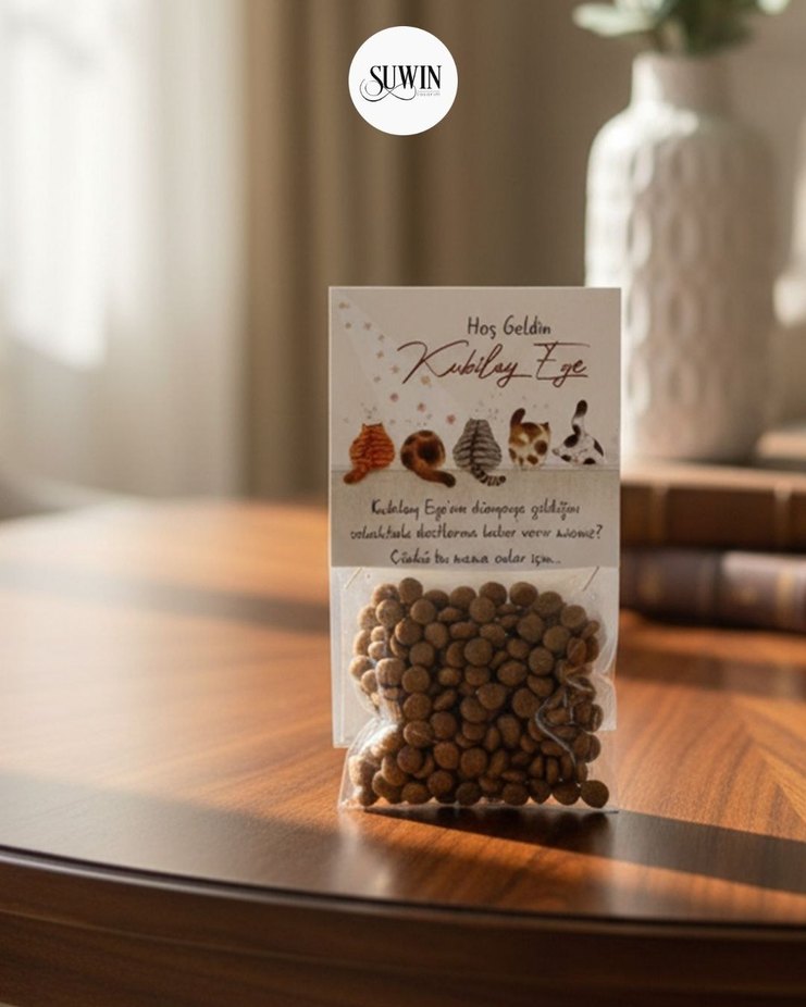 bebek mevludu hediyesi Kedi Maması Paketinde Hoş Geldin Mesaji - Görsel 2