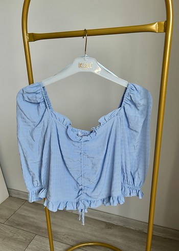 Mavi Keten Mini Bluz Düğmeli