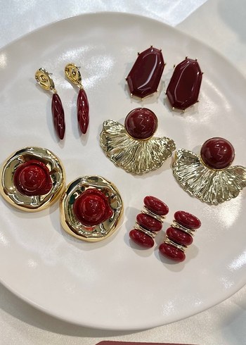 Kırmızı Mini Parlak Bohem Küpe Seti - Görsel 5