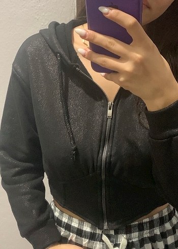 Siyah Simli Fermuarlı Sweatshirt - Görsel 2