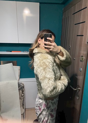 Bej Midi Boy Kürk Detaylı Kadın Mont