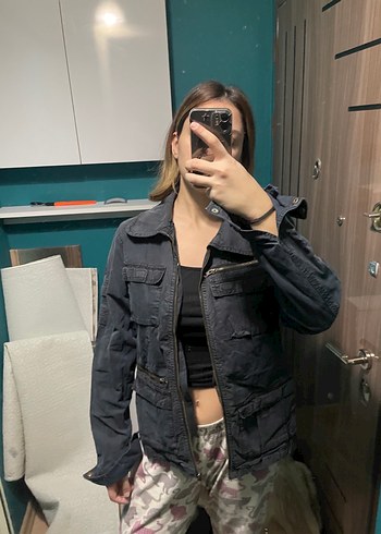 s Beden Kadın Gri Kamuflaj Denim Ceket