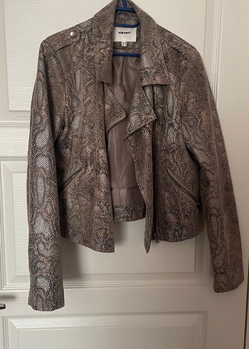 Kahverengi Yılan Derisi Desenli Deri Kadın Ceket - Görsel 2