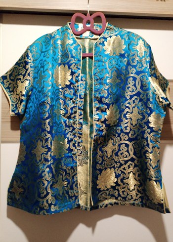 Mavi Desenli Düğmeli Kadın Kimono