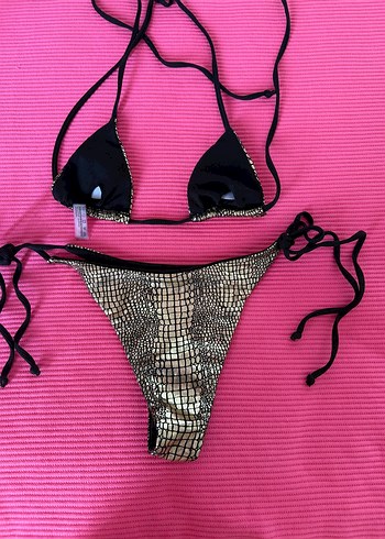 s Beden Parlak Yılan Desenli Siyah Bikini