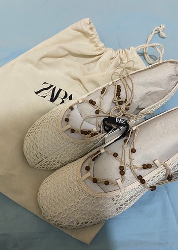 39 Beden Zara Beyaz Örgü Bağcıklı Kadın Espadril