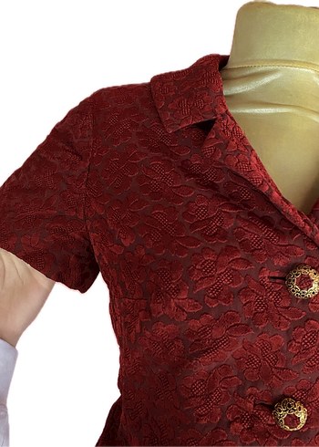 Bordo Vintage Düğmeli Kısa Kollu Bluz - Görsel 2