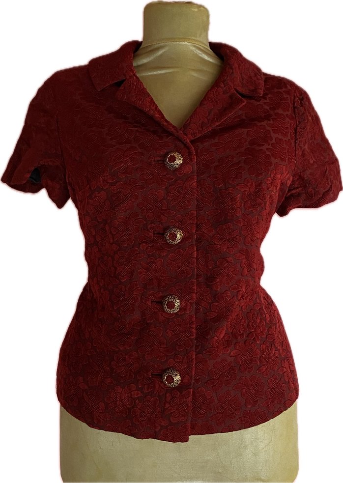 Bordo Vintage Düğmeli Kısa Kollu Bluz - Görsel 3