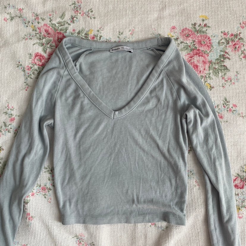 Bebek Mavisi V Yaka Uzun Kollu Kadın Bluz - Görsel 2