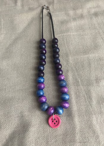 Mavi Mor Boncuklu Pembe Düğmeli Kolye - Görsel 2
