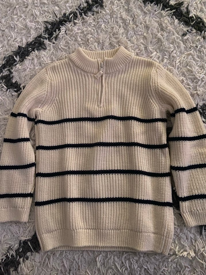 Bej Çizgili Boğazlı Triko  Kazak - Görsel 4