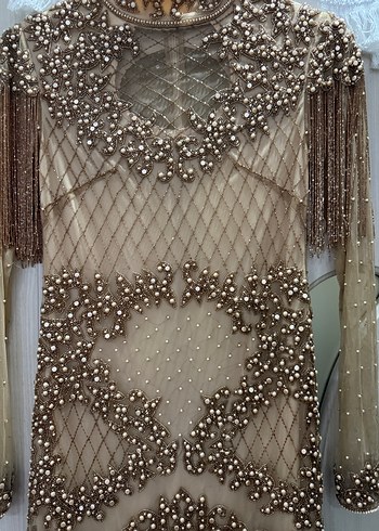 Kenzel Boncuk İşlemeli Yüksek Yakalı Uzun Abiye Elbise - Görsel 2