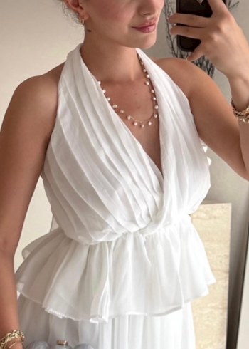 Beyaz Pilili Keten Halter Yaka Bluz - Görsel 2