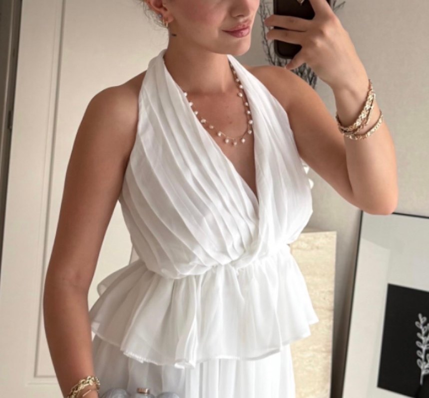 Beyaz Pilili Keten Halter Yaka Bluz - Görsel 2