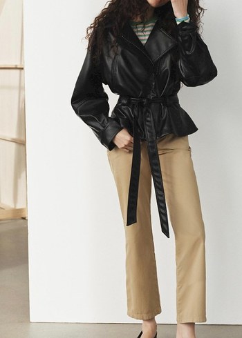 zara Kadın Siyah Deri Biker Ceket, Kemerli - Görsel 5