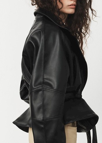 zara Kadın Siyah Deri Kemerli Biker Ceket - Görsel 2