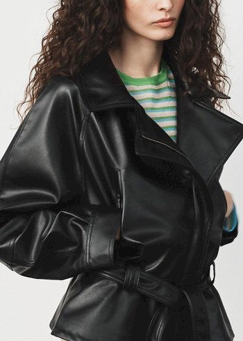 zara Kadın Siyah Kemerli Deri Biker Ceket - Görsel 4
