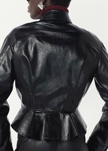 Düğmeli Siyah Deri Biker Ceket - Görsel 3