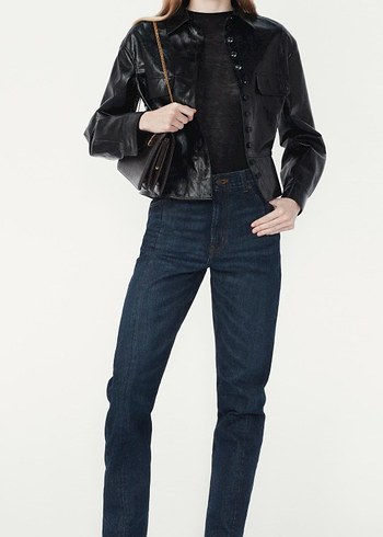 Düğmeli Siyah Deri Biker Ceket - Görsel 7
