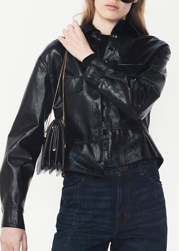 Düğmeli Siyah Deri Kadın Biker Ceket - Görsel 4