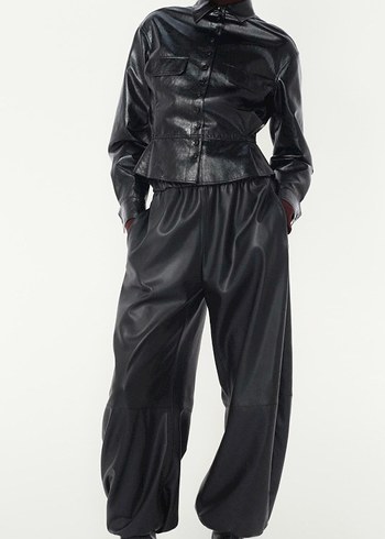 Düğmeli Siyah Deri Kadın Biker Ceket - Görsel 3