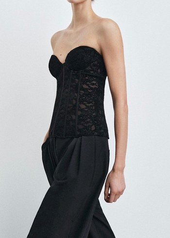 Dantelli Siyah Deri Straplez Bustiyer - Görsel 2