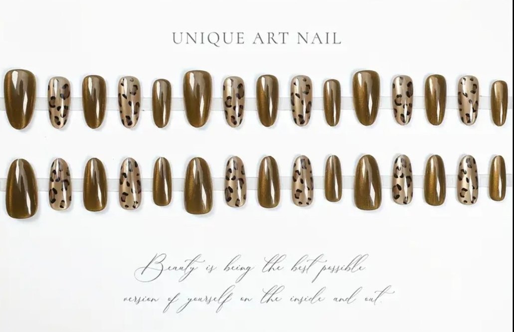 Parlak Kahverengi Leopar Desenli Takma Tırnak - Görsel 3