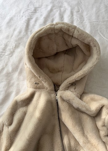 Kapüşonlu Bej Peluş Kadın Ceket - Görsel 8