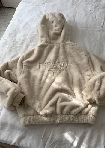 Kapüşonlu Bej Peluş Kadın Ceket - Görsel 4