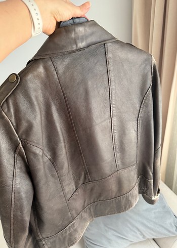 Mango gerçek deri Kadın Kahverengi Deri Biker Ceket - Görsel 2