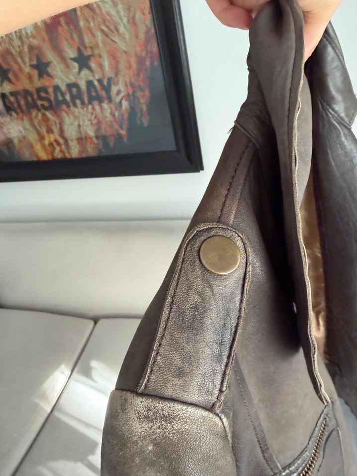 Mango gerçek deri Kadın Kahverengi Deri Biker Ceket - Görsel 3