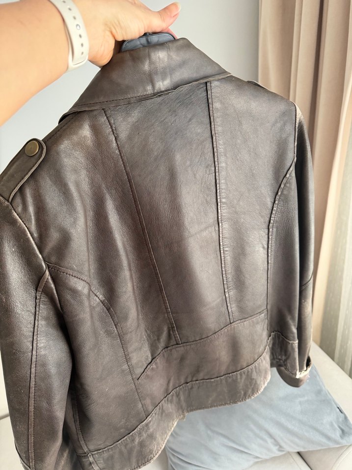 Mango gerçek deri Kadın Kahverengi Deri Biker Ceket - Görsel 2