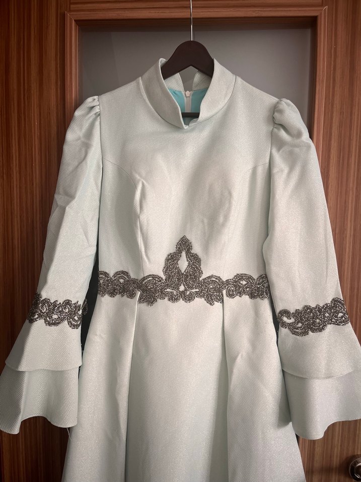 Nakışlı Uzun Kollu su yeşili  Vintage Abiye Elbise - Görsel 2