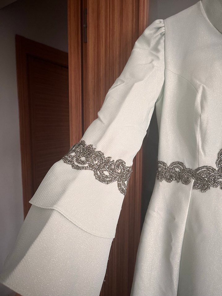 Nakışlı Uzun Kollu su yeşili  Vintage Abiye Elbise - Görsel 3