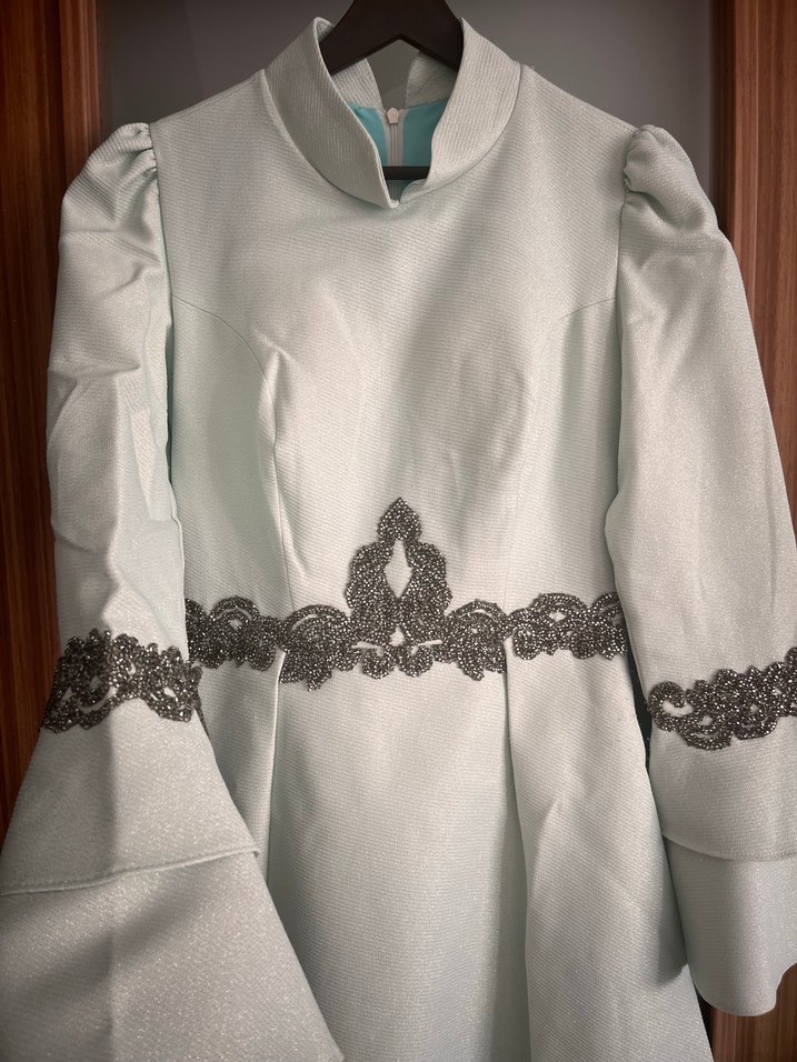 Nakışlı Uzun Kollu su yeşili  Vintage Abiye Elbise - Görsel 4