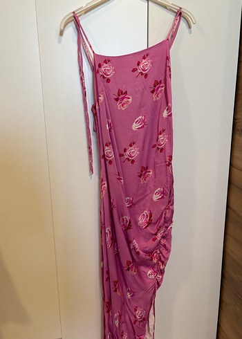 Pembe Askılı Uzun Drapeli Elbise