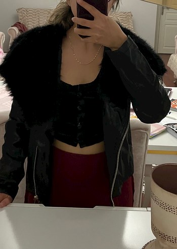 Siyah Deri Kadın Ceket, Kürklü Yaka - Görsel 3