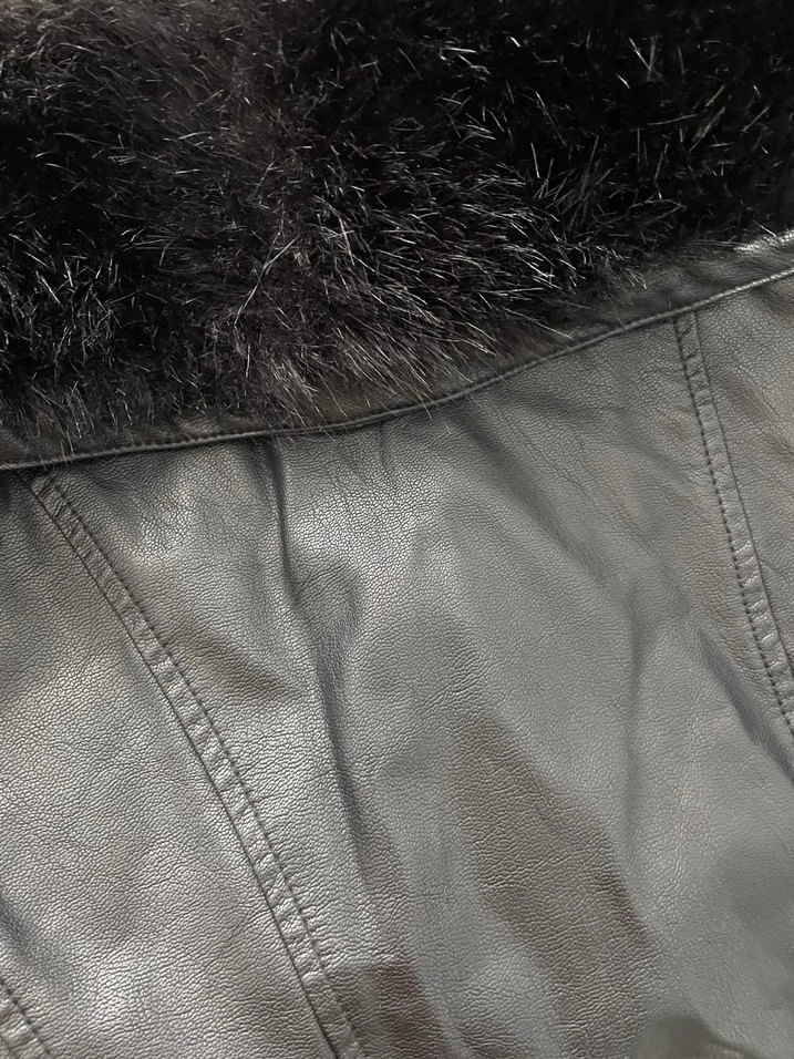 Siyah Deri Kadın Ceket, Kürklü Yaka - Görsel 5
