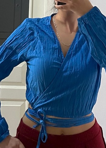 Mavi Kemerli Keten Mini Kadın Bluz - Görsel 2
