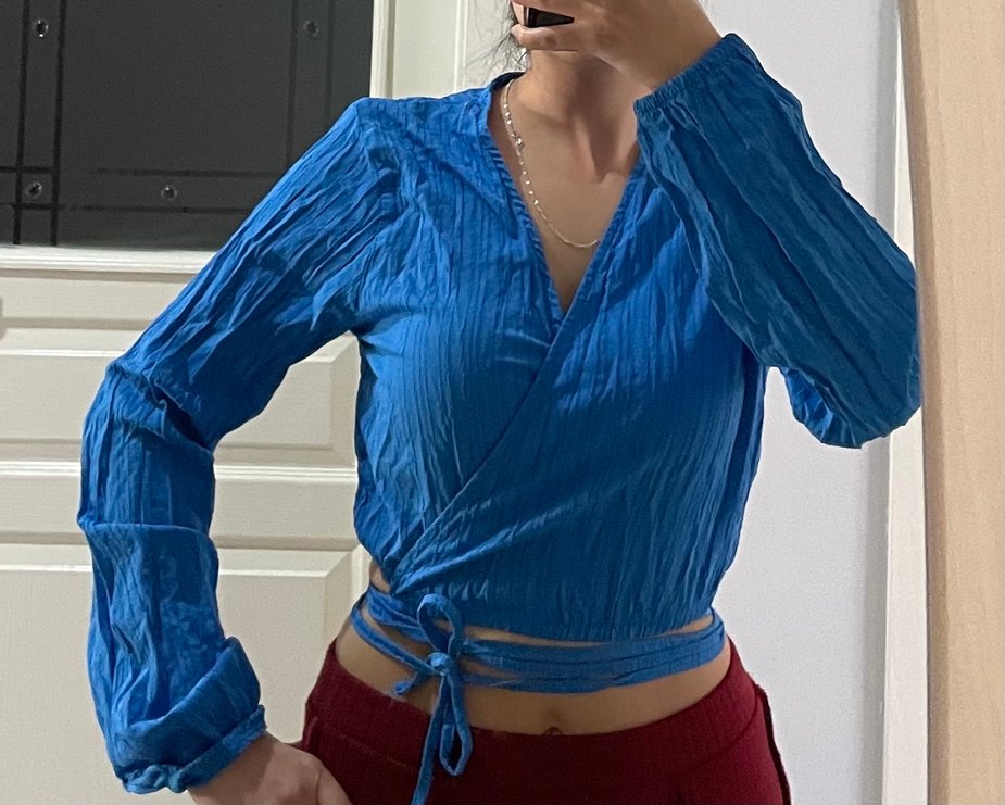 Mavi Kemerli Keten Mini Kadın Bluz - Görsel 2