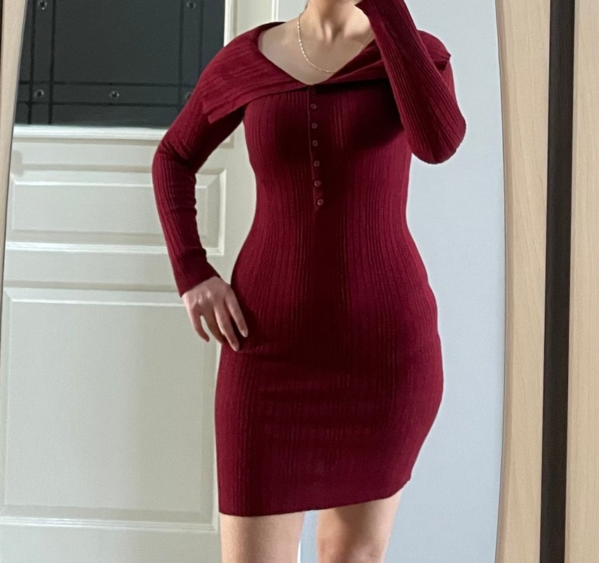 Bordo Uzun Kollu Fitilli Triko Elbise - Görsel 2