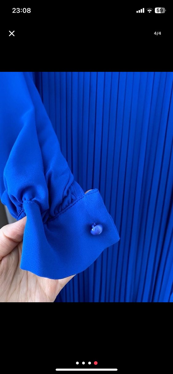 Mavi Pileli Uzun Kollu Uzun Elbise - Görsel 4