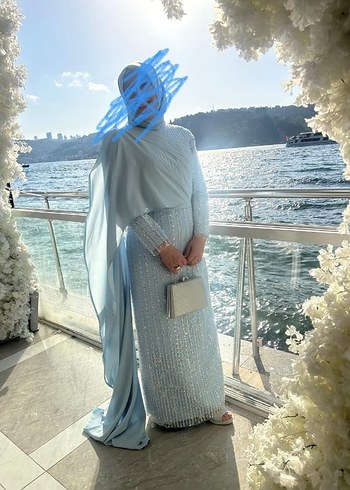 Drapeli Uzun acık mavi Tesettür Abiye Elbise 1 kere giyildi - Görsel 6