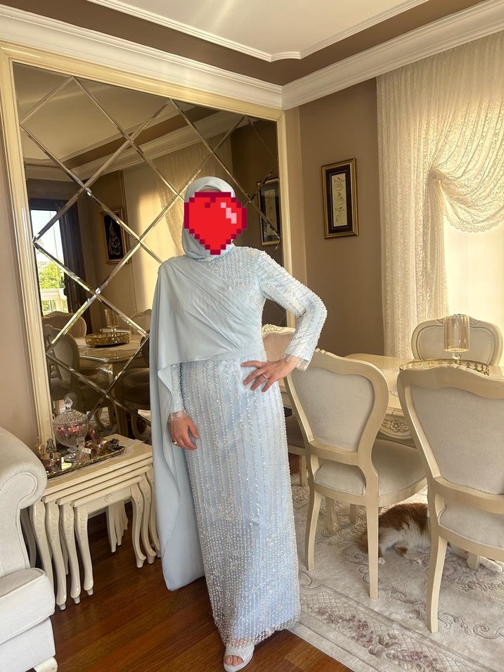 Drapeli Uzun acık mavi Tesettür Abiye Elbise 1 kere giyildi - Görsel 3