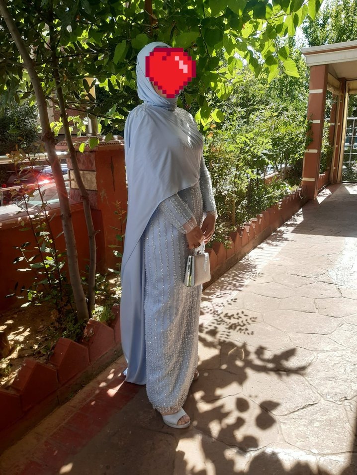 Drapeli Uzun acık mavi Tesettür Abiye Elbise 1 kere giyildi - Görsel 4